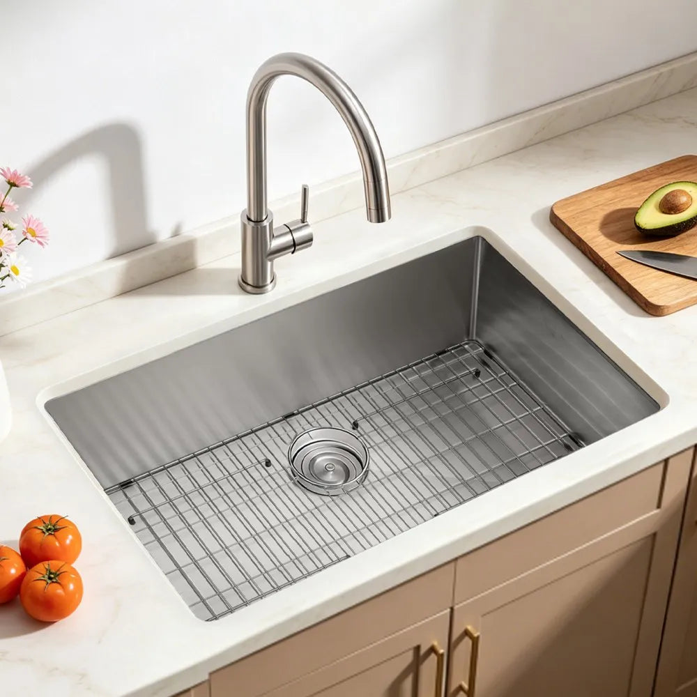 VEVOR 32-inch Kitchen Undermount Single Bowl Sinks, Stainless Steel Drop-In Farmhouse Basin with Accessories, Household Dishwasher Sinks for RV, Prep Kitchen, Laundry Room, Bar