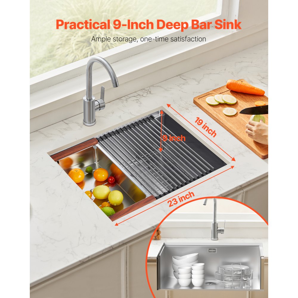 VEVOR 23 inch Kitchen Sink Workstation, 304 Stainless Steel Undermount Sink, Drop-In Single Bowl Farmhouse Basin with Ledge & Multiple Accessories, Household Dishwasher Sinks for RV, Prep Kitchen, Bar