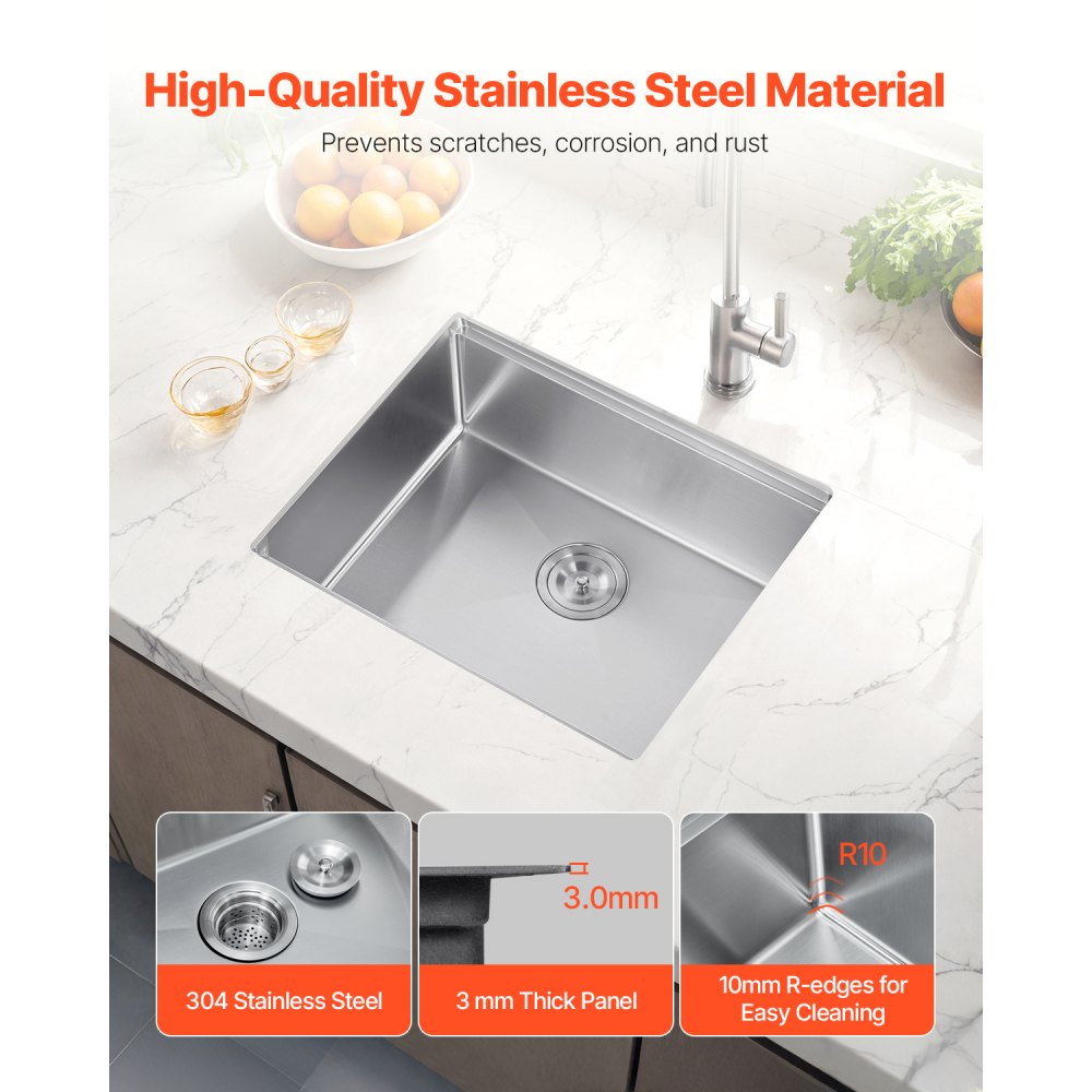 VEVOR 23 inch Kitchen Sink Workstation, 304 Stainless Steel Undermount Sink, Drop-In Single Bowl Farmhouse Basin with Ledge & Multiple Accessories, Household Dishwasher Sinks for RV, Prep Kitchen, Bar
