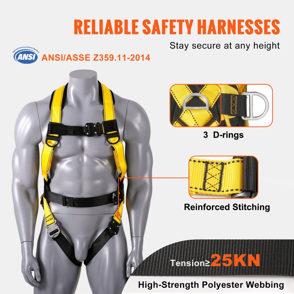 VEVOR Safety Harness, Full Body Harness, Safety Harness Fall Protection with Added Padding, and Side Rings and Dorsal D-Rings and a Lanyard, ANSI/ASSE Z359.11-2014, 160 lbs Max Weight, S