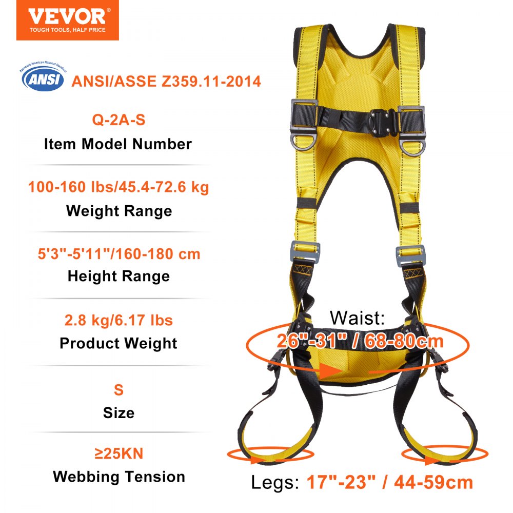 VEVOR Safety Harness, Full Body Harness, Safety Harness Fall Protection with Added Padding, and Side Rings and Dorsal D-Rings and a Lanyard, ANSI/ASSE Z359.11-2014, 160 lbs Max Weight, S
