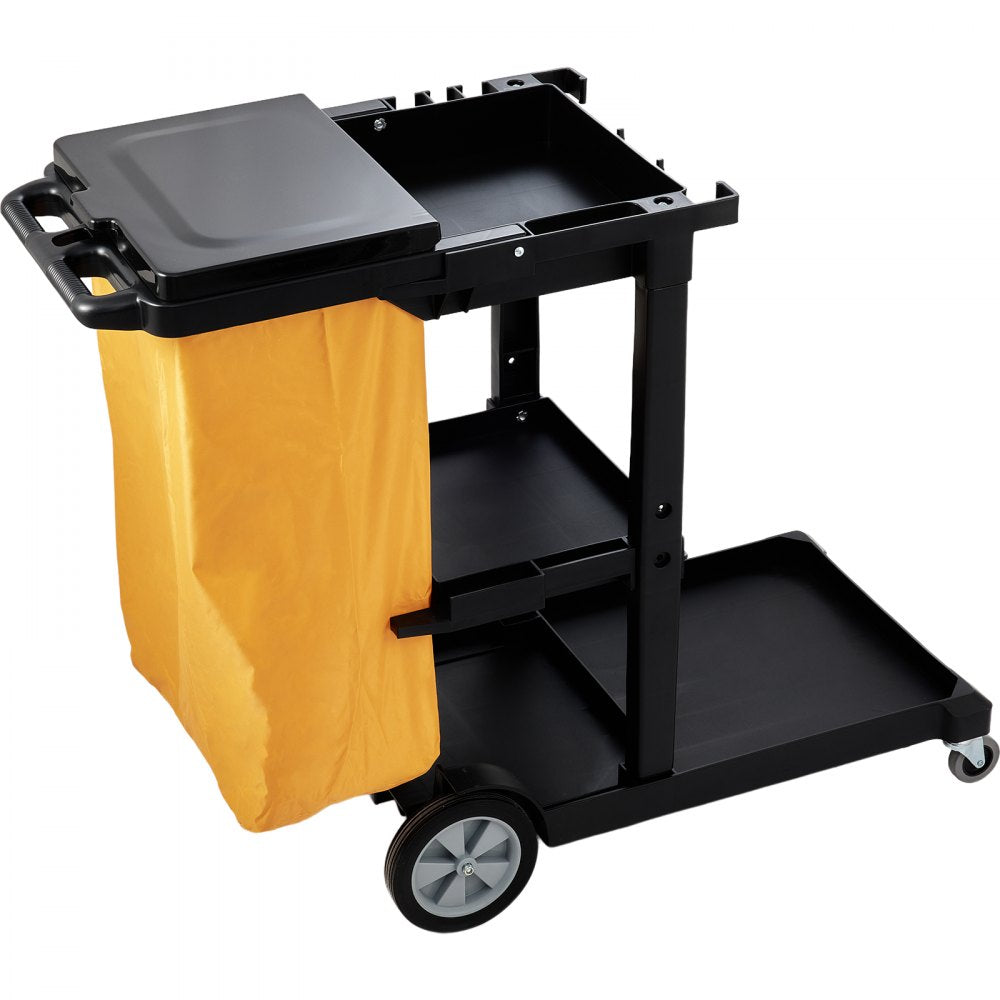 VEVOR Cleaning Cart, 3-Shelf Commercial Janitorial Cart, 200 lbs Capacity Plastic Housekeeping Cart, with 25 Gallon PVC Bag and Cover, 47 x 20 x 38.6in, Yellow&Black