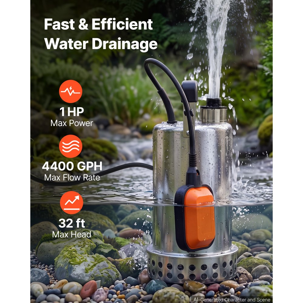 VEVOR Submersible Water Pump 1 HP 4400 GPH Sump Pump with Float Switch, Portable Water Removal, Stainless Steel Material, for Swimming Pool Draining Garden Ponds Hot Tubs Basements, IPX8 Waterproof
