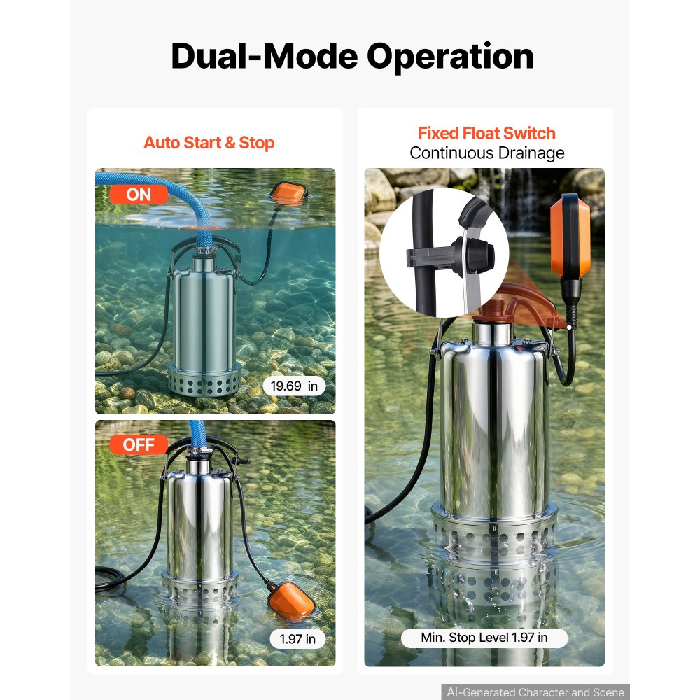 VEVOR Submersible Water Pump 1 HP 4400 GPH Sump Pump with Float Switch, Portable Water Removal, Stainless Steel Material, for Swimming Pool Draining Garden Ponds Hot Tubs Basements, IPX8 Waterproof