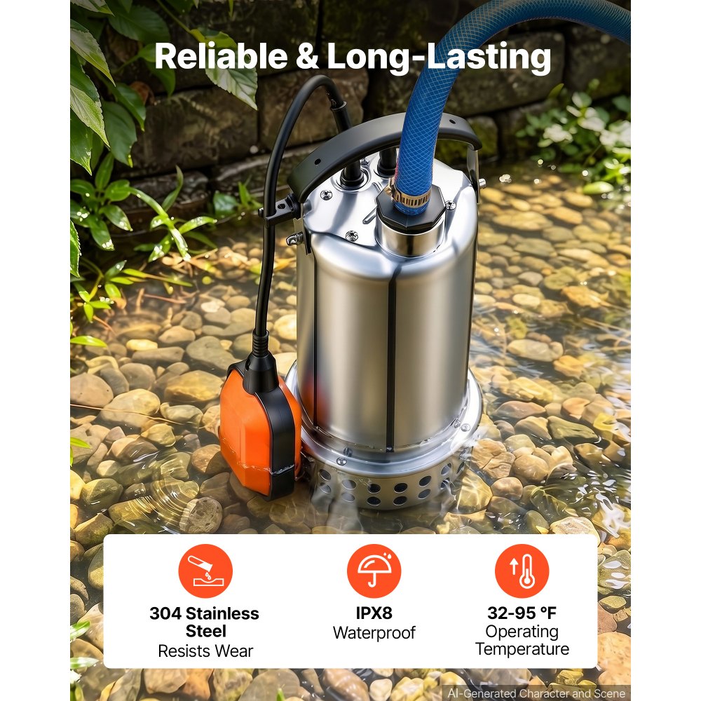 VEVOR Submersible Water Pump 1 HP 4400 GPH Sump Pump with Float Switch, Portable Water Removal, Stainless Steel Material, for Swimming Pool Draining Garden Ponds Hot Tubs Basements, IPX8 Waterproof
