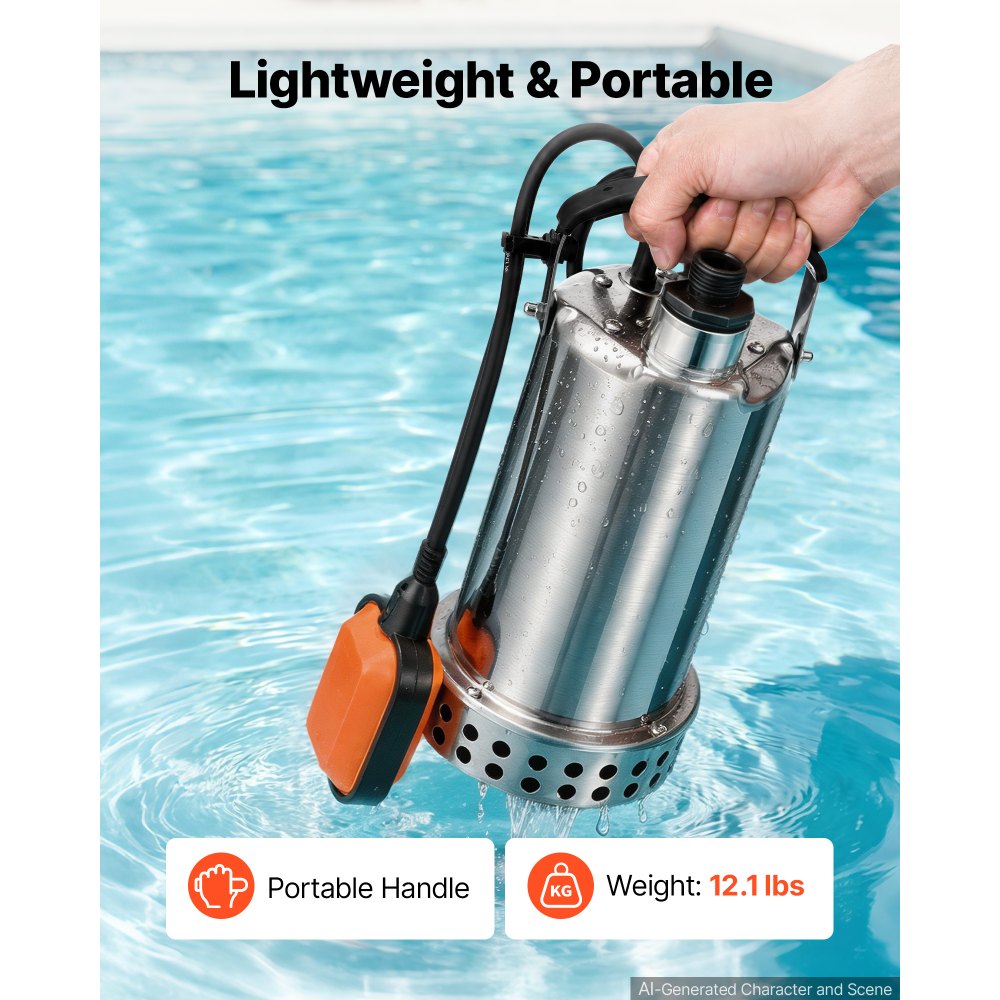 VEVOR Submersible Water Pump 1 HP 4400 GPH Sump Pump with Float Switch, Portable Water Removal, Stainless Steel Material, for Swimming Pool Draining Garden Ponds Hot Tubs Basements, IPX8 Waterproof