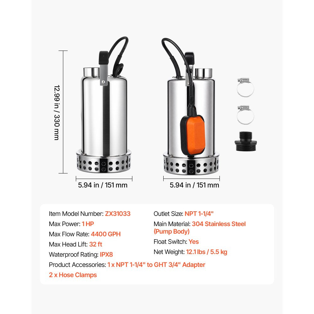 VEVOR Submersible Water Pump 1 HP 4400 GPH Sump Pump with Float Switch, Portable Water Removal, Stainless Steel Material, for Swimming Pool Draining Garden Ponds Hot Tubs Basements, IPX8 Waterproof