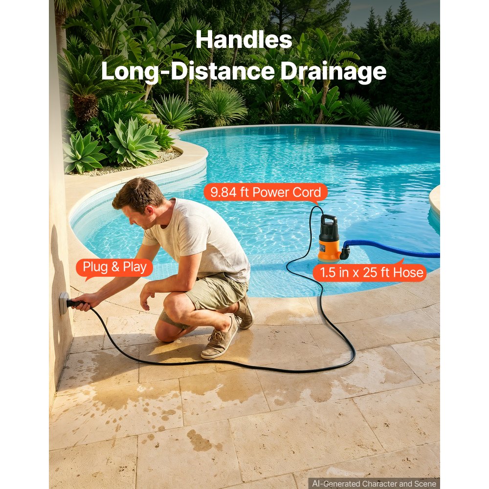 VEVOR Submersible Water Pump with 25 ft Hose 1.2 HP 5000 GPH Sump Pump, Portable Water Removal, Thermoplastic Material, for Swimming Pool Draining Garden Ponds Hot Tubs Basements, IPX8 Waterproof
