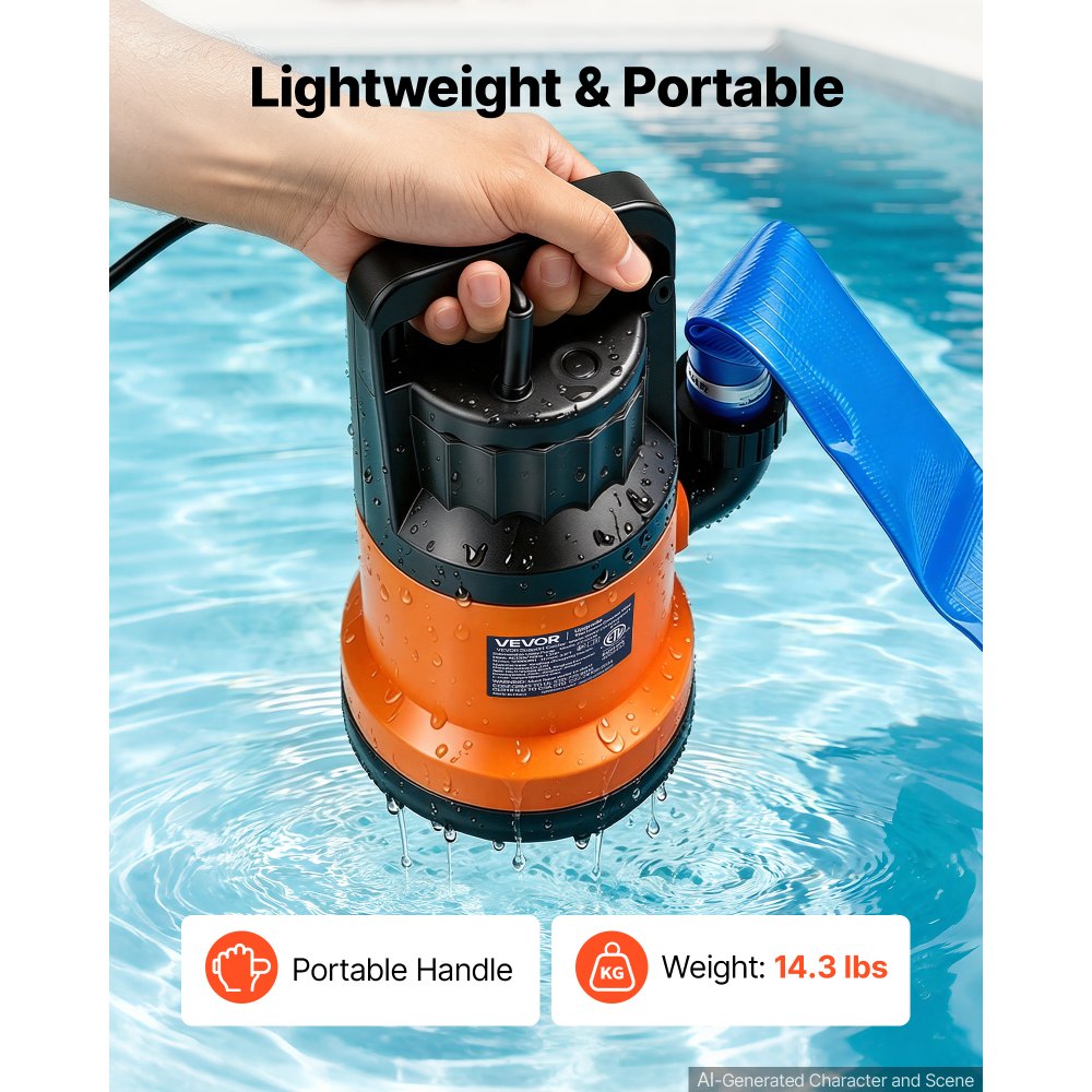 VEVOR Submersible Water Pump with 25 ft Hose 1.2 HP 5000 GPH Sump Pump, Portable Water Removal, Thermoplastic Material, for Swimming Pool Draining Garden Ponds Hot Tubs Basements, IPX8 Waterproof