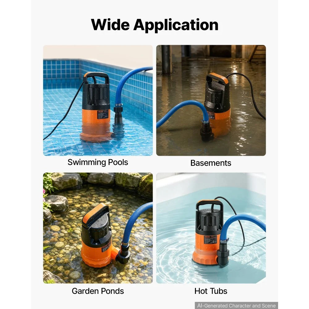 VEVOR Submersible Water Pump 1 HP 4300 GPH 33 ft Head Utility Sump Pump, Portable Water Removal, Thermoplastic Material, for Swimming Pool Draining Garden Ponds Hot Tubs Basements, IPX8 Waterproof