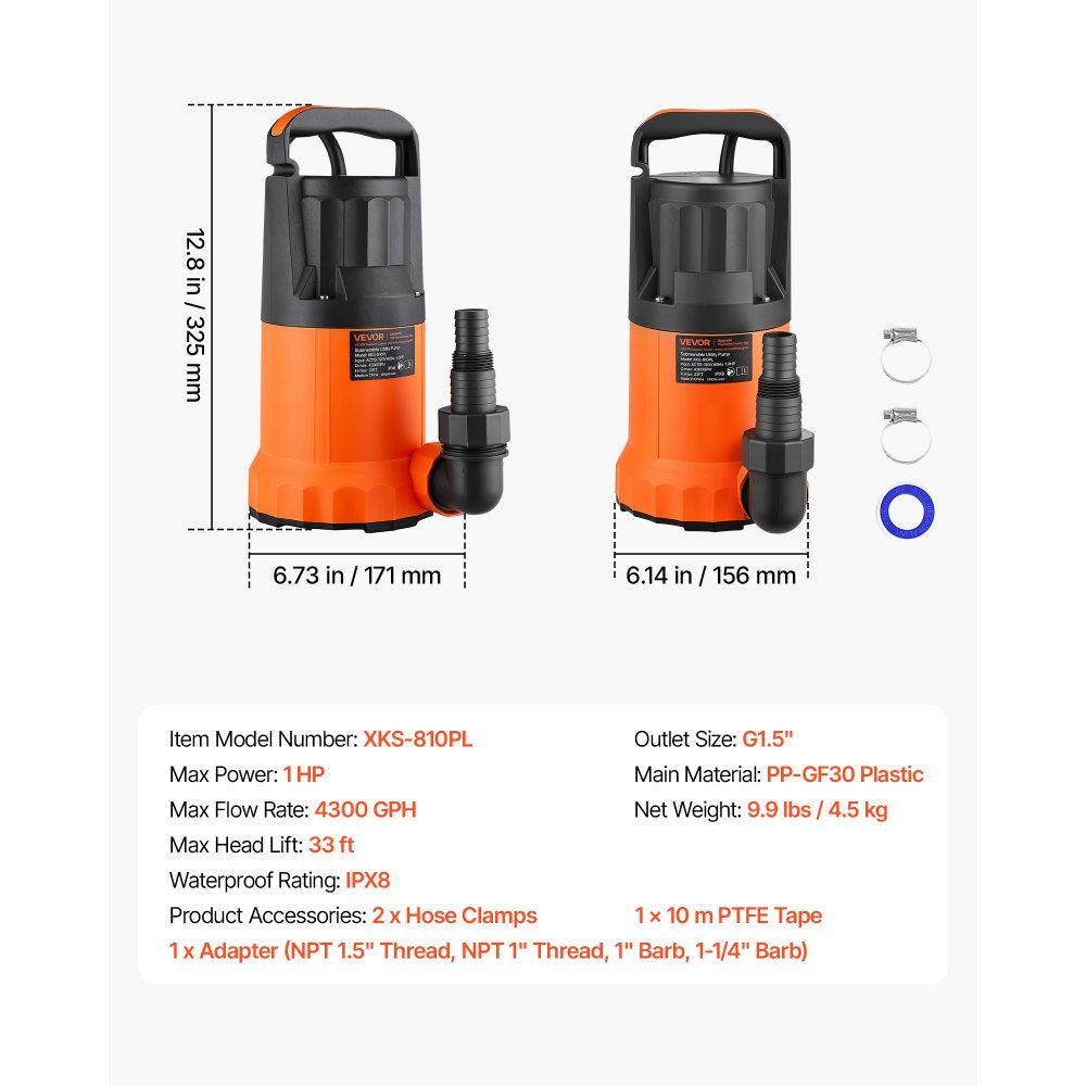 VEVOR Submersible Water Pump 1 HP 4300 GPH 33 ft Head Utility Sump Pump, Portable Water Removal, Thermoplastic Material, for Swimming Pool Draining Garden Ponds Hot Tubs Basements, IPX8 Waterproof