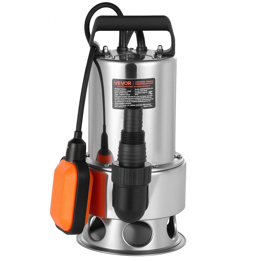VEVOR 0.68 HP Submersible Sump Pump, 4000 GPH, Stainless Steel Submersible Sewage Dirty Clean Water Pump with Automatic Float Switch, Long Cord, 30 ft Max Lift, for Pools, Garden, Flooded Basement