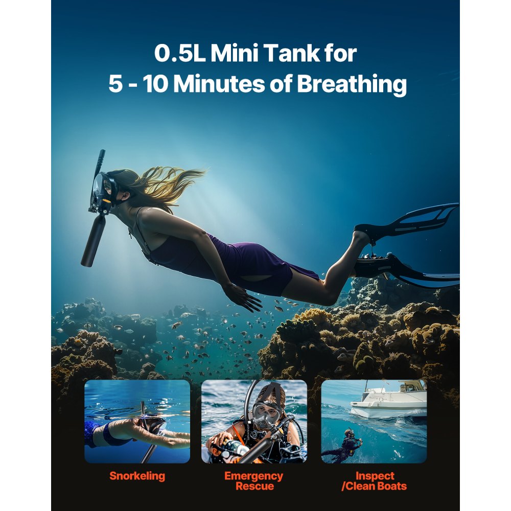 VEVOR Scuba Tank, 0.5L Portable Diving Tank, Diving Oxygen Cylinder Support 5-10 Minutes Underwater Breathing, 32.81 ft Diving Depth, Refillable Snorkel Air Tank with Pump for Underwater Exploration