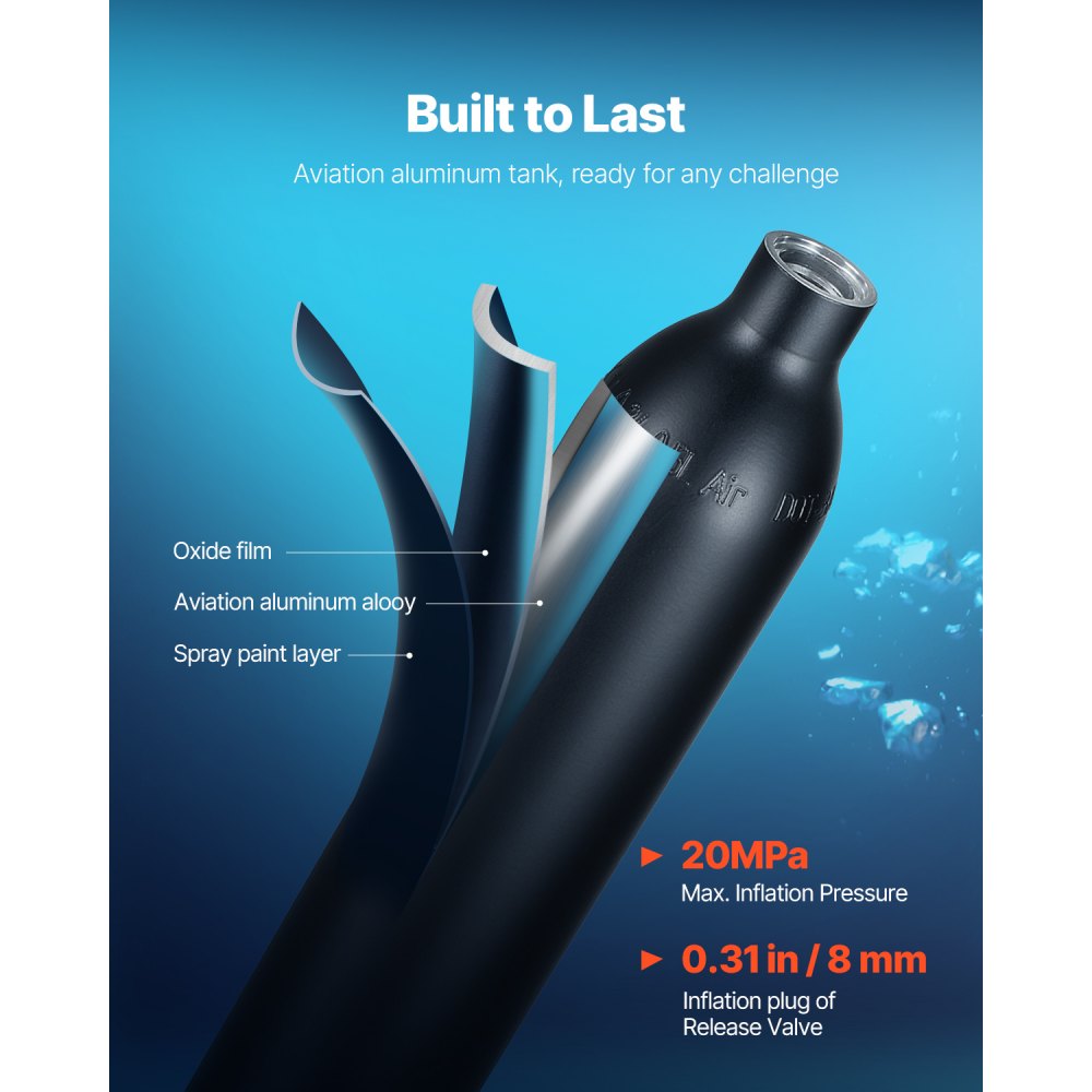 VEVOR Scuba Tank, 0.5L Portable Diving Tank, Diving Oxygen Cylinder Support 5-10 Minutes Underwater Breathing, 32.81 ft Diving Depth, Refillable Snorkel Air Tank with Pump for Underwater Exploration