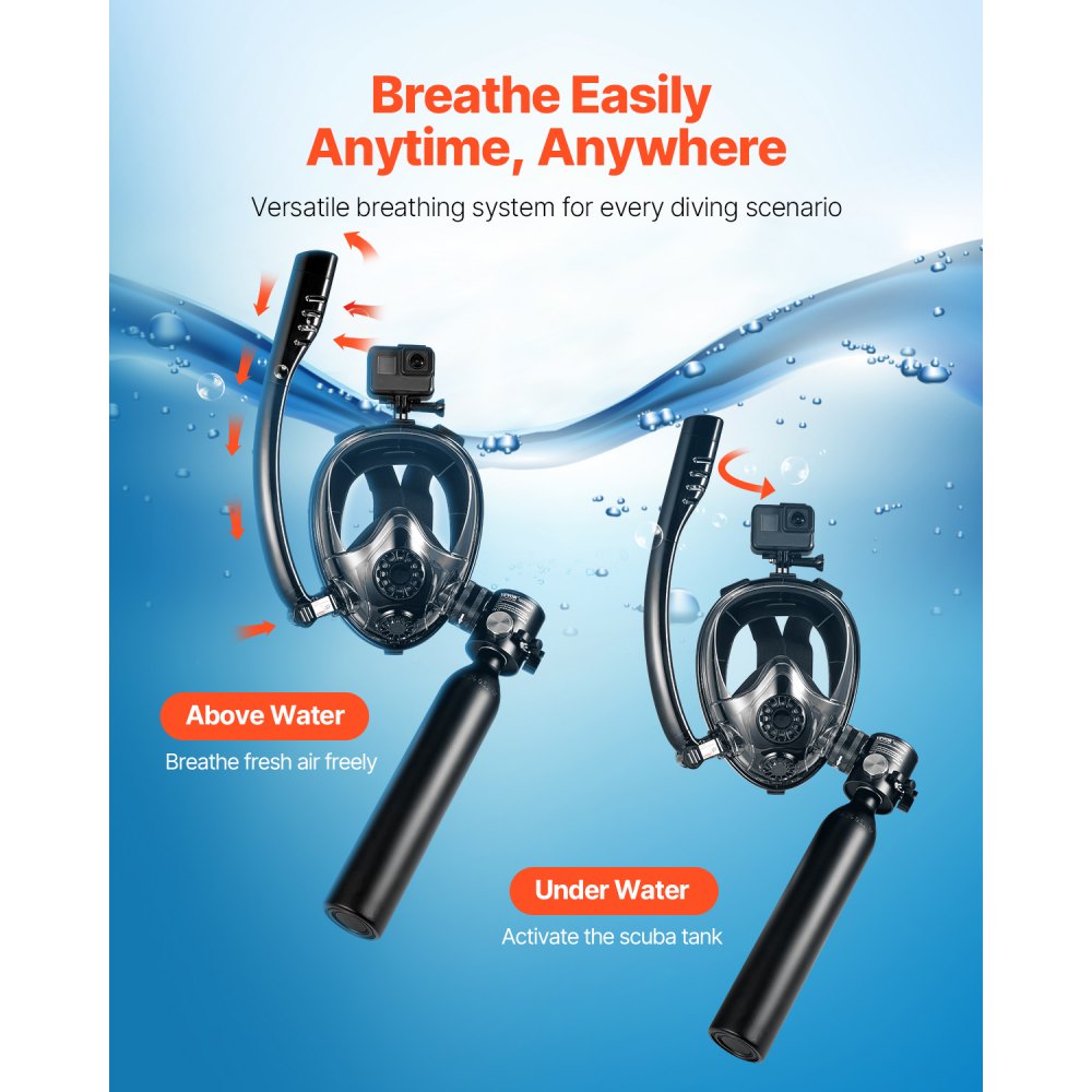 VEVOR Scuba Tank, 0.5L Portable Diving Tank, Diving Oxygen Cylinder Support 5-10 Minutes Underwater Breathing, 32.81 ft Diving Depth, Refillable Snorkel Air Tank with Pump for Underwater Exploration
