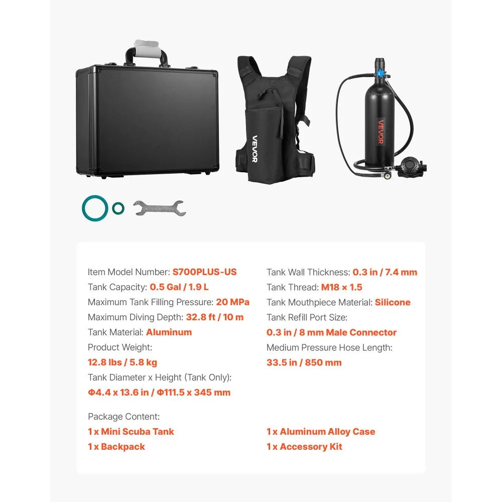VEVOR Mini Scuba Tank, 1.9L Portable Diving Tank for Underwater Breathing, Reusable Lung Diving Cylinder up to 35 Minutes Dive Time, Emergency Rescue Pony Bottle with Backpack & Case for Snorkeling