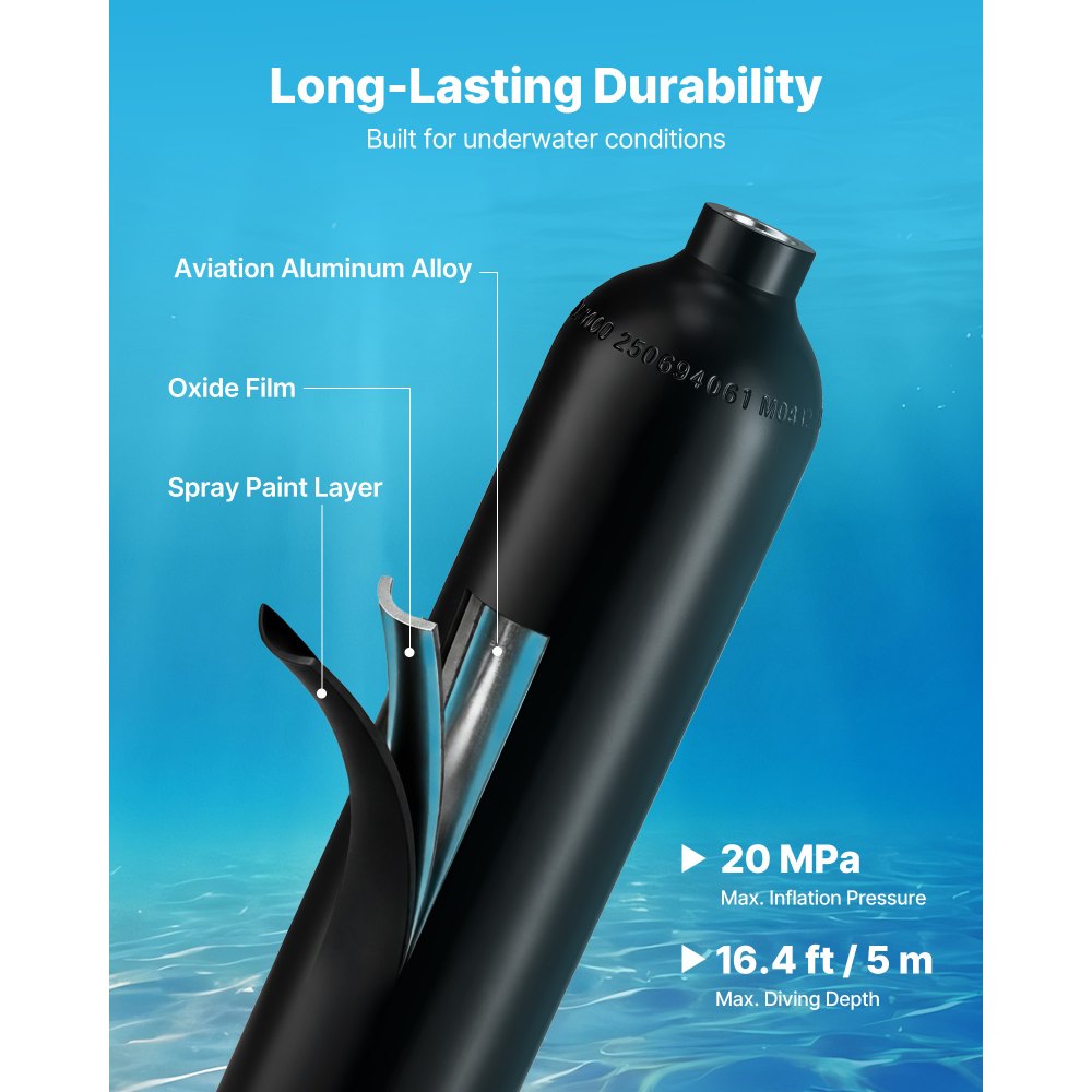 VEVOR Mini Scuba Tank, 1L Portable Diving Tank for Underwater Breathing, Reusable Lung Diving Cylinder up to 20 Minutes Dive Time, Emergency Rescue Pony Bottle with Adapter & Goggles for Snorkeling