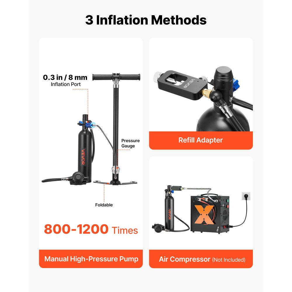 VEVOR Mini Scuba Tank, 1L Portable Diving Tank for Underwater Breathing, Reusable Lung Diving Cylinder up to 20 Minutes Dive Time, Emergency Rescue Pony Bottle with Adapter & Goggles for Snorkeling