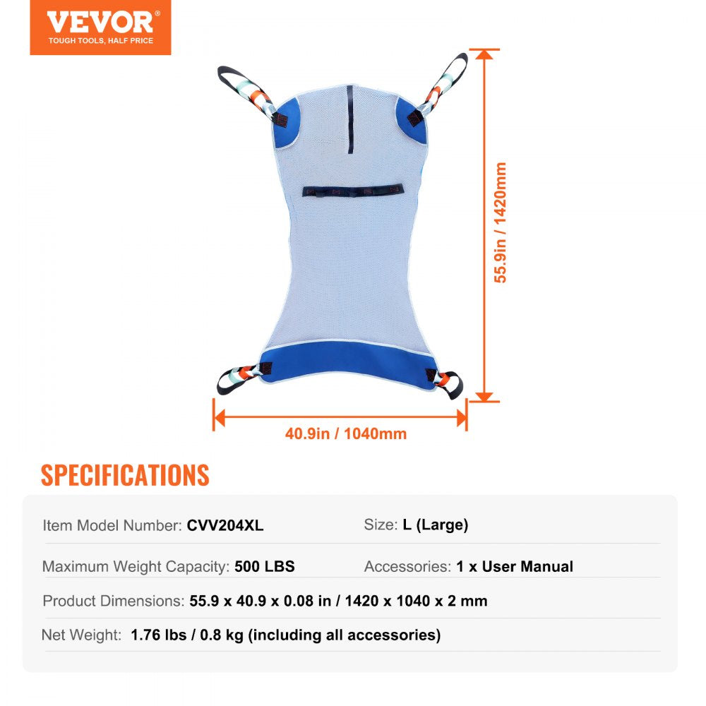 VEVOR Universal Full Body Patient Lift Sling - Large, Patient Lift Medical Sling for Easy Transfer and Bathing, Polyester Patient Aid Transfer Sling for Elderly, Disabled, Bedridden, 500LBS Capacity