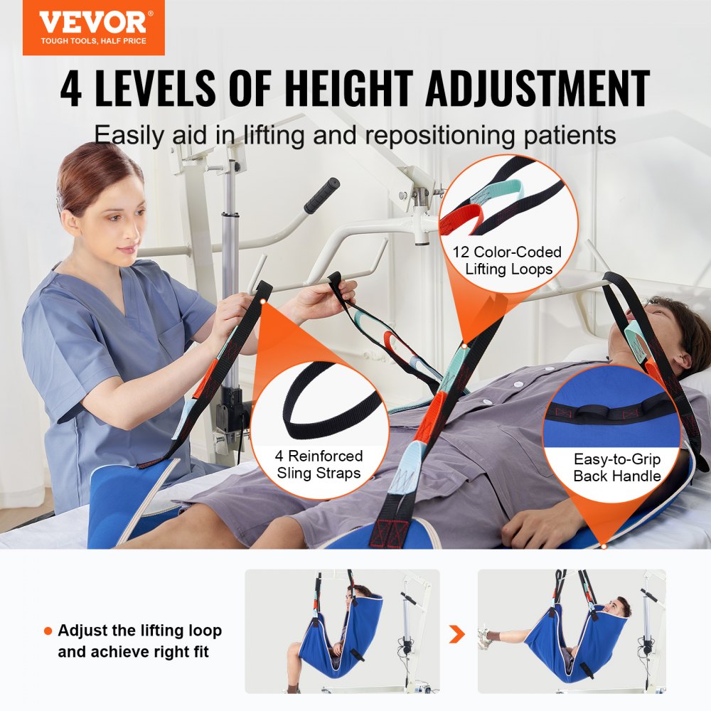 VEVOR Universal Full Body Patient Lift Sling-Extra Large, Patient Lift Medical Sling for Easy Transfer and Bathing, Polyester Patient Aid Transfer Sling for Elderly Disabled Bedridden, 600LBS Capacity