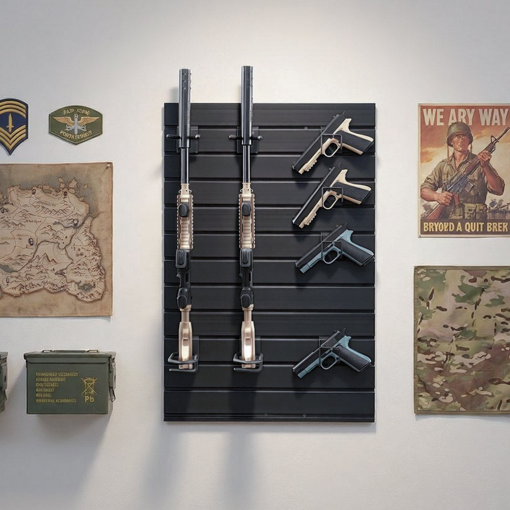 VEVOR Gun Rack, Wall Mount, Tactical Rifle Shotgun Handgun Storage, Heavy-Duty PVC Panels & Steel Wall Racks, Securely Holds up to 2 Rifles & 4 Pistols, Modular Firearms Gun Gear Accessories Organizer