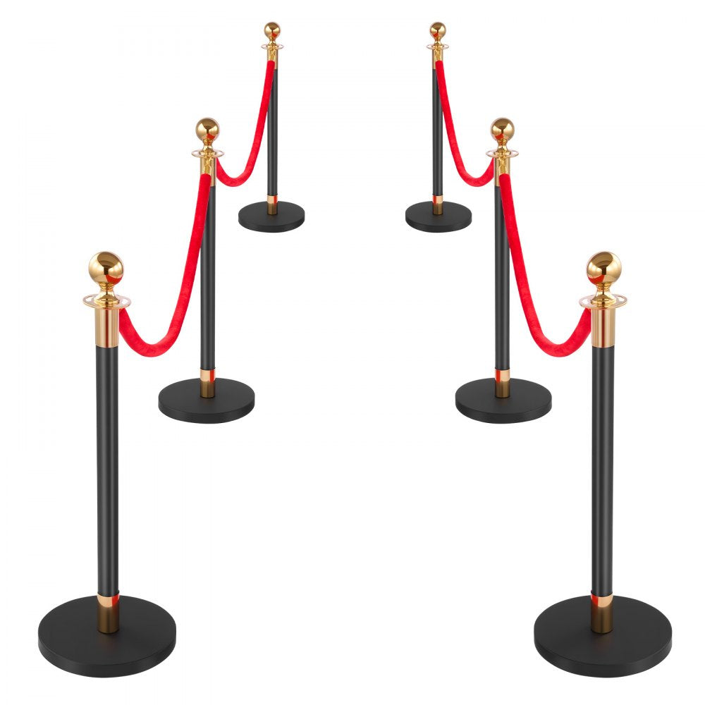 VEVOR Stanchion Post, 6 Pcs Crowd Control Barrier Set with Red Carpet, 4 Red Velvet Ropes, Stainless Steel Gold Stanchion Post Queue with Hollow Base for Theater, Party, Wedding, Exhibition (Black)