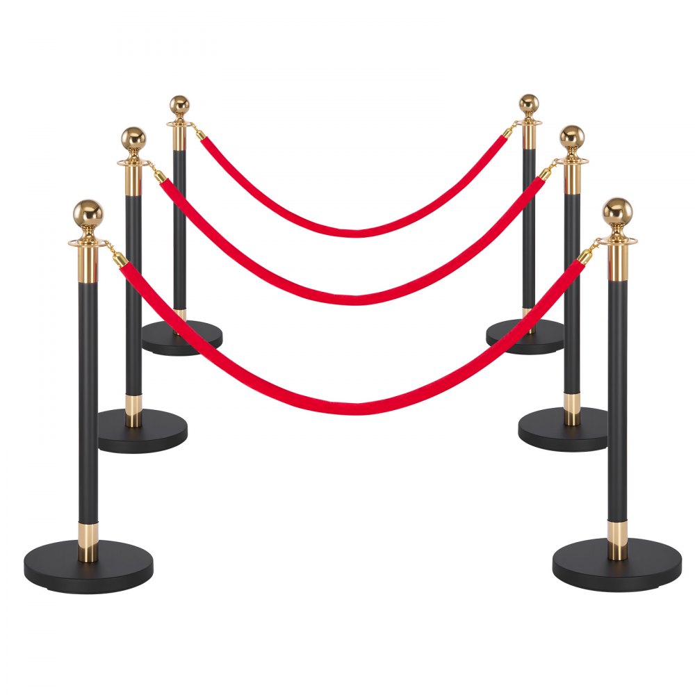 VEVOR Stanchion Post, 6 Pcs Crowd Control Barrier Set with Red Carpet, 4 Red Velvet Ropes, Stainless Steel Gold Stanchion Post Queue with Hollow Base for Theater, Party, Wedding, Exhibition (Black)