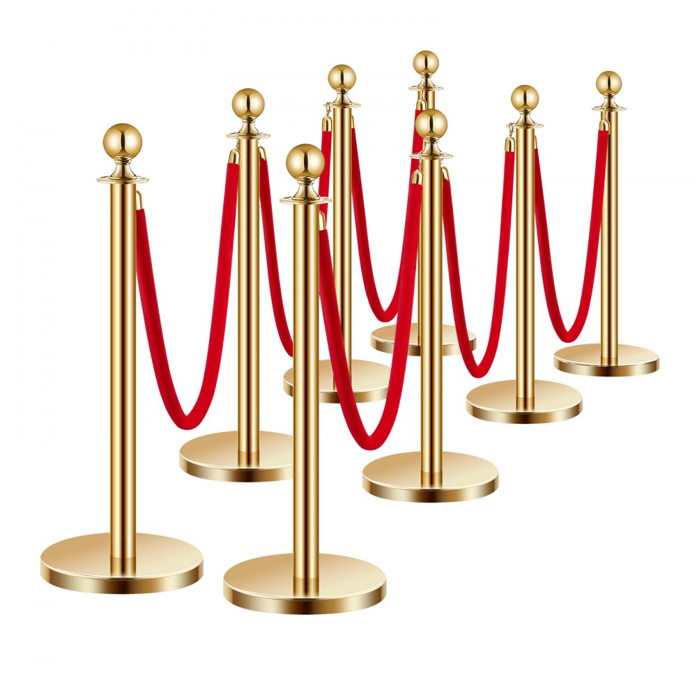 VEVOR Stanchions and Velvet Ropes 8Pcs, Hollow Base with Stainless Steel Post, 6 Red Velvet Ropes and Posts, Crowd Control Barriers Gold Stanchions, Red Carpet Runner Poles for Party Supplies