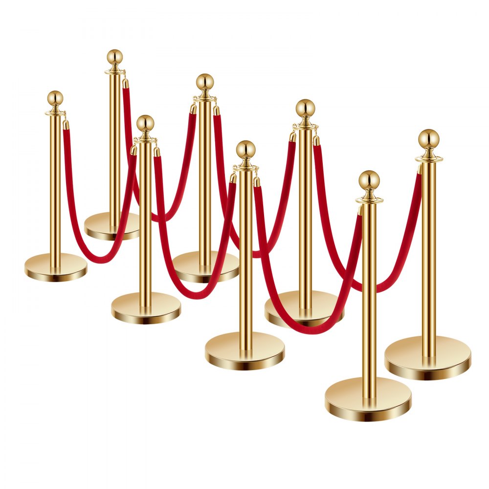 VEVOR Stanchions and Velvet Ropes 8Pcs, Hollow Base with Stainless Steel Post, 6 Red Velvet Ropes and Posts, Crowd Control Barriers Gold Stanchions, Red Carpet Runner Poles for Party Supplies