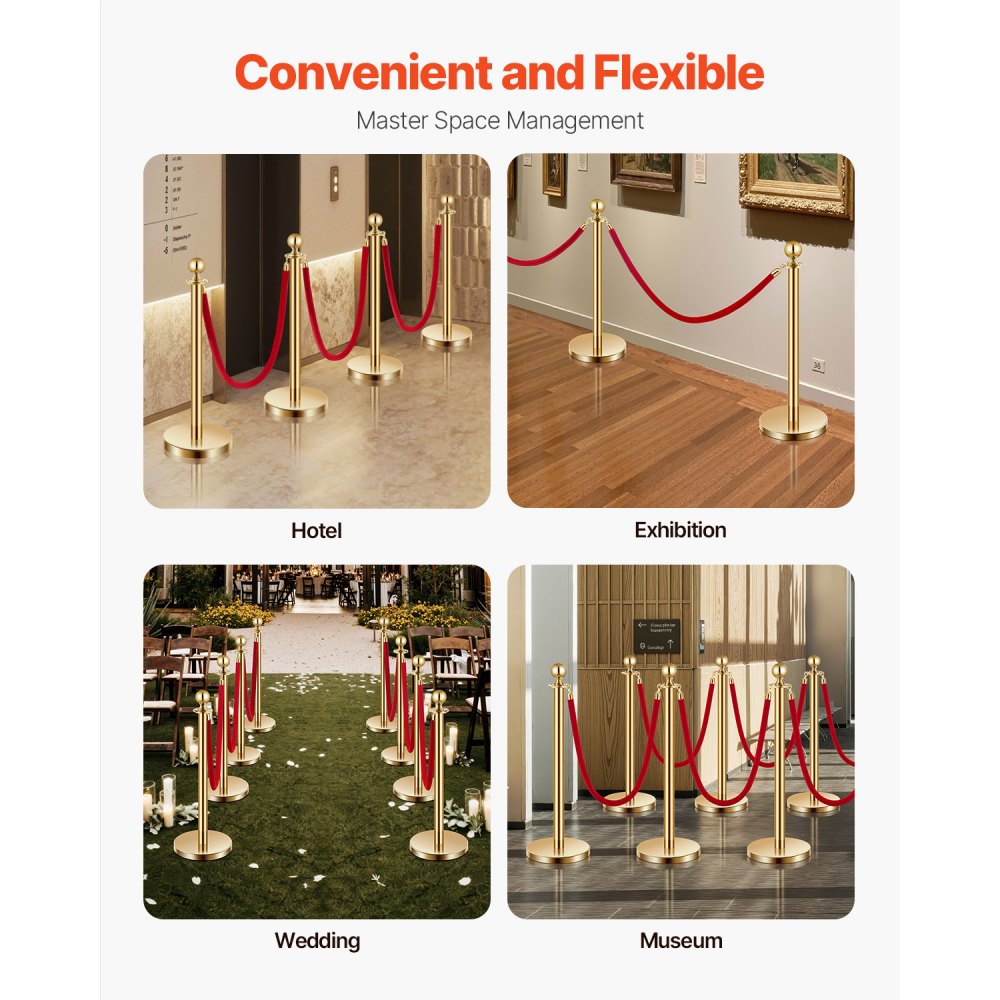VEVOR Stanchions and Velvet Ropes 4Pcs, Hollow Base with Stainless Steel Post, 3 Red Velvet Ropes and Posts, Crowd Control Barriers Gold Stanchions, Red Carpet Runner Poles for Party Supplies