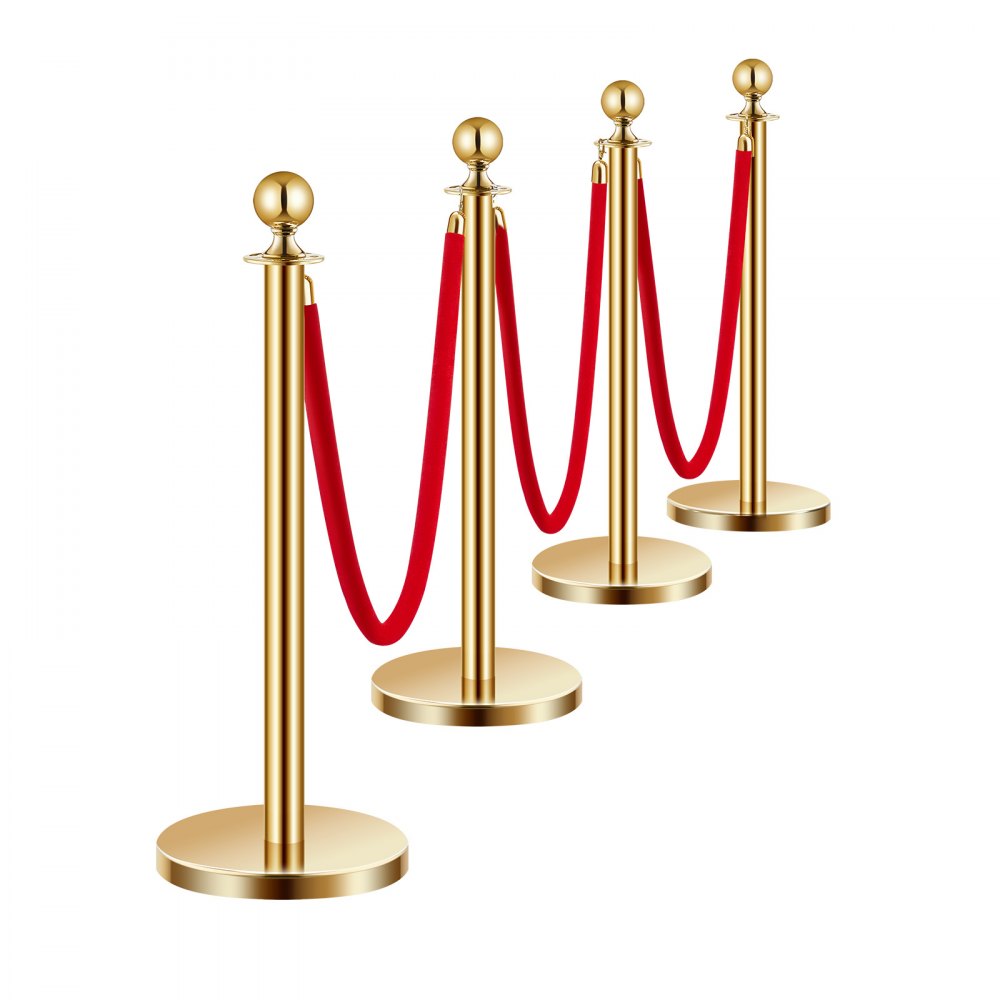 VEVOR Stanchions and Velvet Ropes 4Pcs, Hollow Base with Stainless Steel Post, 3 Red Velvet Ropes and Posts, Crowd Control Barriers Gold Stanchions, Red Carpet Runner Poles for Party Supplies