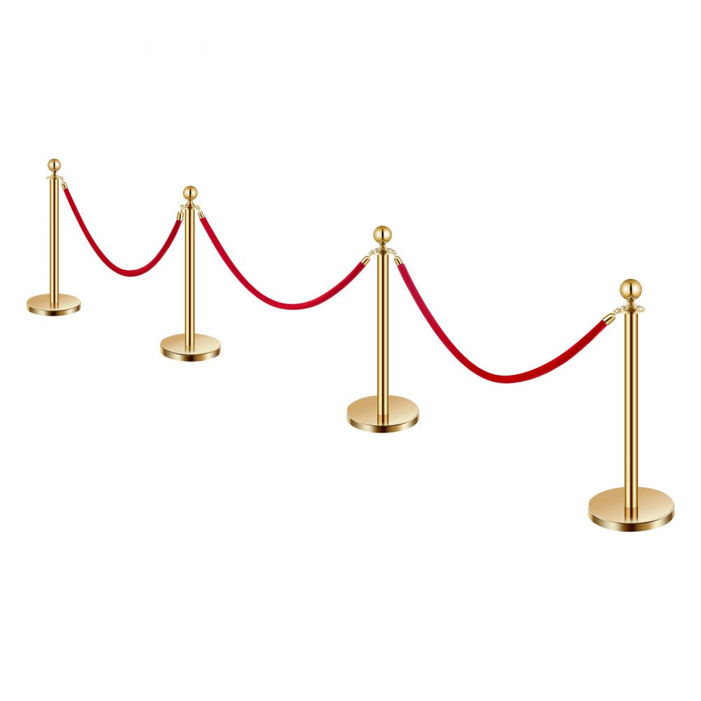 VEVOR Stanchions and Velvet Ropes 4Pcs, Hollow Base with Stainless Steel Post, 3 Red Velvet Ropes and Posts, Crowd Control Barriers Gold Stanchions, Red Carpet Runner Poles for Party Supplies