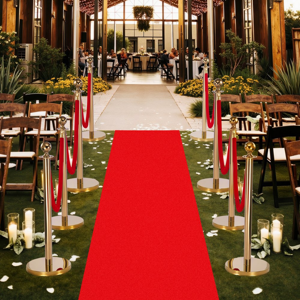 VEVOR Stanchion Post, 8 Pcs Crowd Control Barrier Set with Red Carpet, 6 Red Velvet Ropes, Stainless Steel Gold Stanchion Post Queue with Hollow Base for Theater, Party, Wedding, Exhibition (Gold)