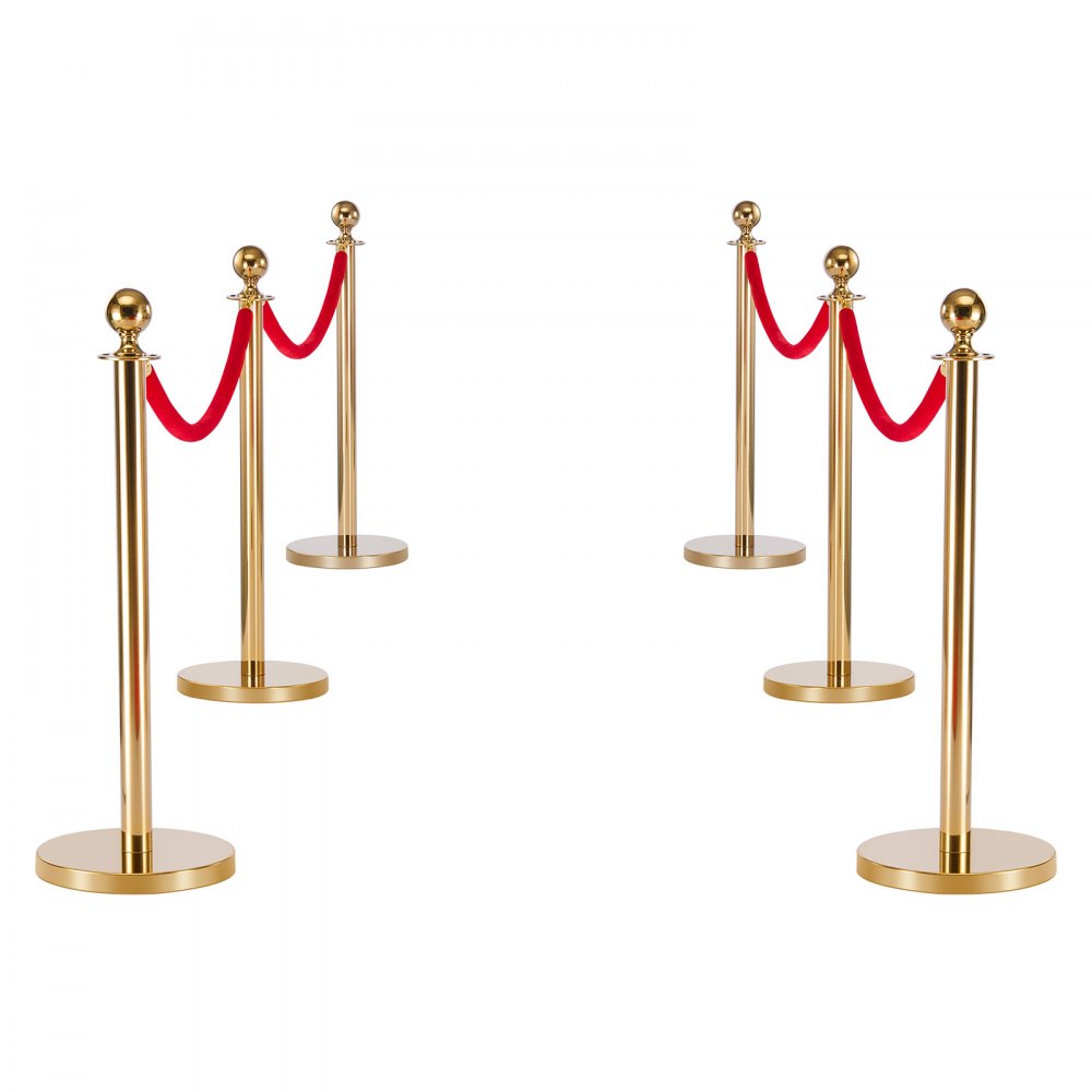 VEVOR Stanchion Post, 6 Pcs Crowd Control Barrier Set with Red Carpet, 4 Red Velvet Ropes, Stainless Steel Gold Stanchion Post Queue with Hollow Base for Theater, Party, Wedding, Exhibition (Gold)