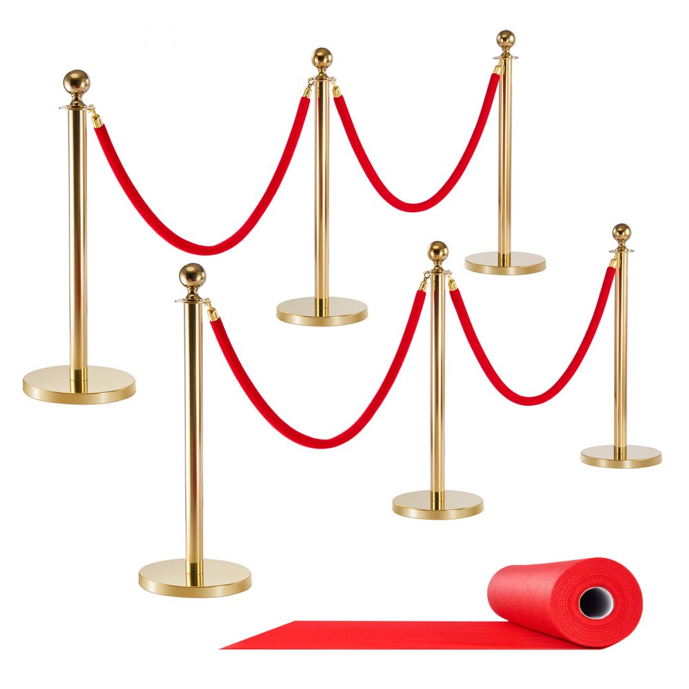 VEVOR Stanchion Post, 6 Pcs Crowd Control Barrier Set with Red Carpet, 4 Red Velvet Ropes, Stainless Steel Gold Stanchion Post Queue with Hollow Base for Theater, Party, Wedding, Exhibition (Gold)