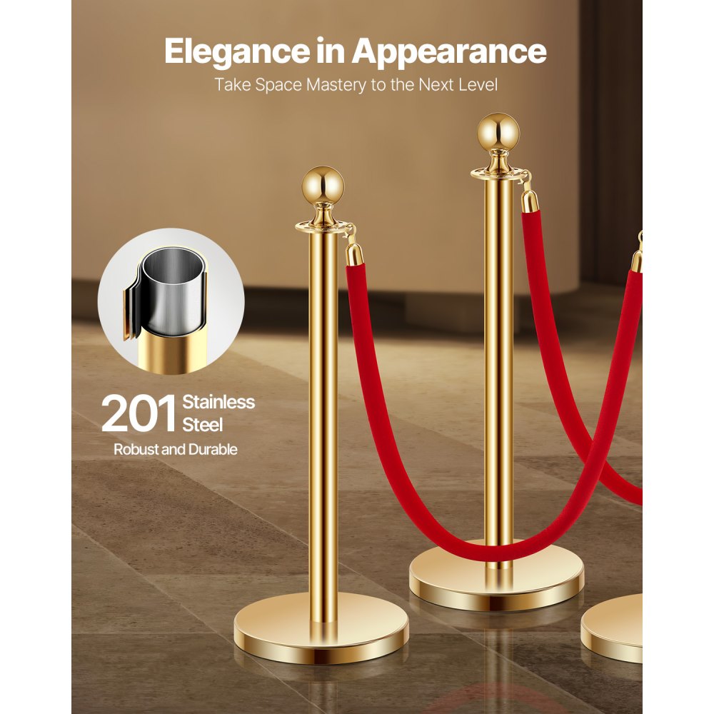 VEVOR Stanchions and Velvet Ropes 4Pcs, Hollow Base with Stainless Steel Post, 2 Red Velvet Ropes and Posts, Crowd Control Barriers Gold Stanchions, Red Carpet Runner Poles for Party Supplies