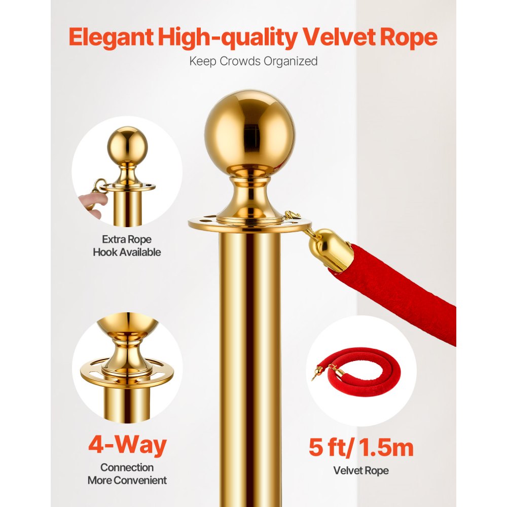 VEVOR Stanchions and Velvet Ropes 4Pcs, Hollow Base with Stainless Steel Post, 2 Red Velvet Ropes and Posts, Crowd Control Barriers Gold Stanchions, Red Carpet Runner Poles for Party Supplies