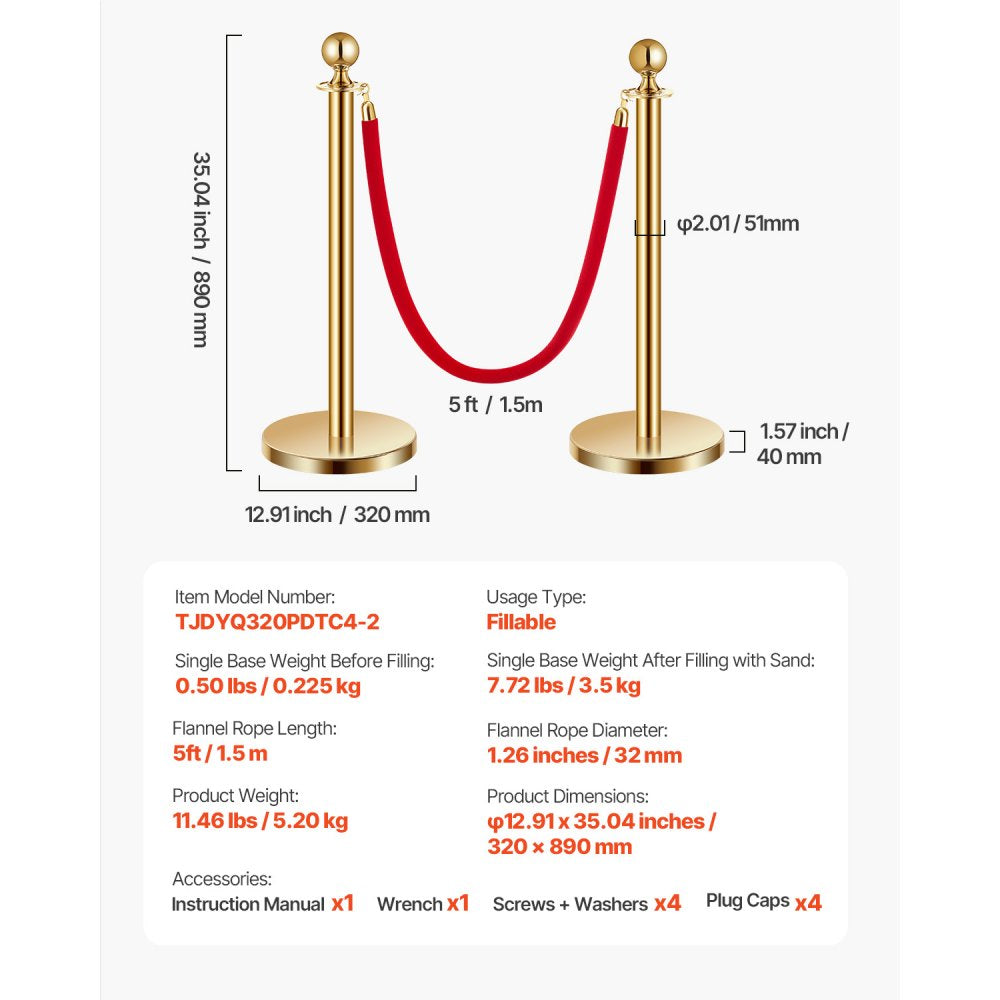 VEVOR Stanchions and Velvet Ropes 4Pcs, Hollow Base with Stainless Steel Post, 2 Red Velvet Ropes and Posts, Crowd Control Barriers Gold Stanchions, Red Carpet Runner Poles for Party Supplies