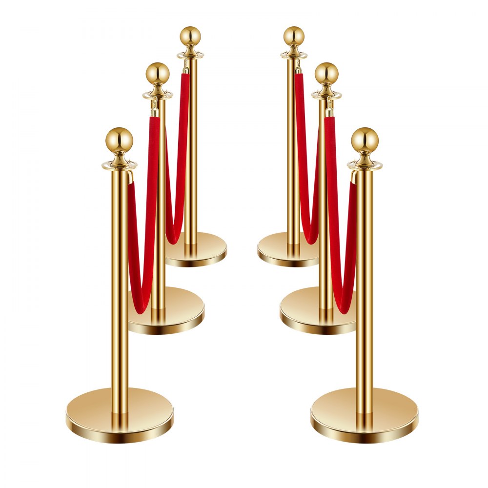 VEVOR Stanchions and Velvet Ropes 6Pcs, Hollow Base with Stainless Steel Post, 4 Red Velvet Ropes and Posts, Crowd Control Barriers Gold Stanchions, Red Carpet Runner Poles for Party Supplies