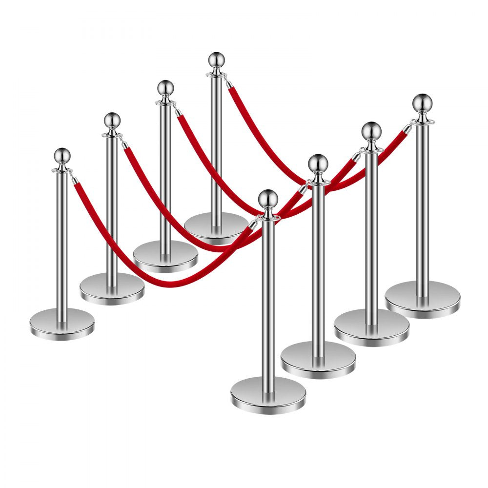 VEVOR Stanchions and Velvet Ropes 8Pcs, Hollow Base with Stainless Steel Post, 4 Red Velvet Ropes and Posts, Crowd Control Barriers Silver Stanchions, Red Carpet Runner Poles for Party Supplies