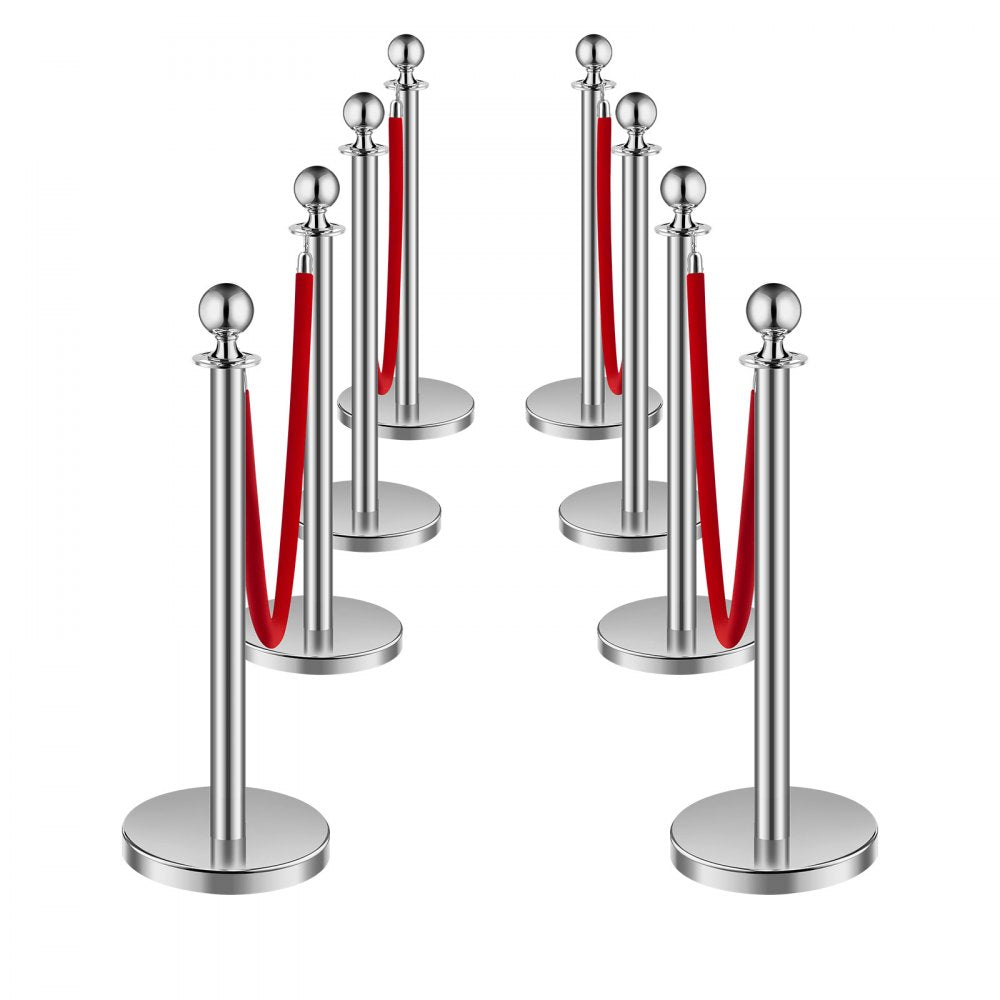 VEVOR Stanchions and Velvet Ropes 8Pcs, Hollow Base with Stainless Steel Post, 4 Red Velvet Ropes and Posts, Crowd Control Barriers Silver Stanchions, Red Carpet Runner Poles for Party Supplies