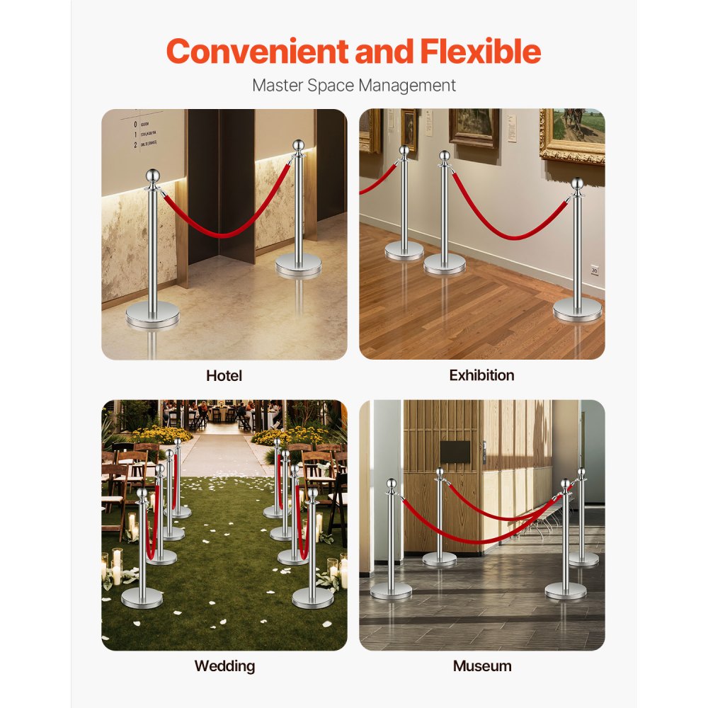 VEVOR Stanchions and Velvet Ropes 4Pcs, Hollow Base with Stainless Steel Post, 2 Red Velvet Ropes and Posts, Crowd Control Barriers Silver Stanchions, Red Carpet Runner Poles for Party Supplies