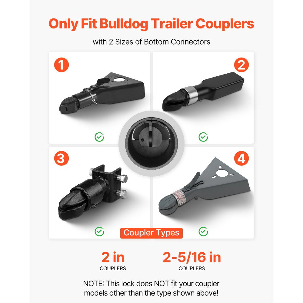 VEVOR Trailer Lock, Fits 2 & 2-5/16-Inch Bulldog Trailer Couplers, Heavy Duty Hitch Lock with 3 Keys Secures Security Chains, Corrision-resistant, Anti-Theft RV Trailer Locks for RV, Trailer, Boat