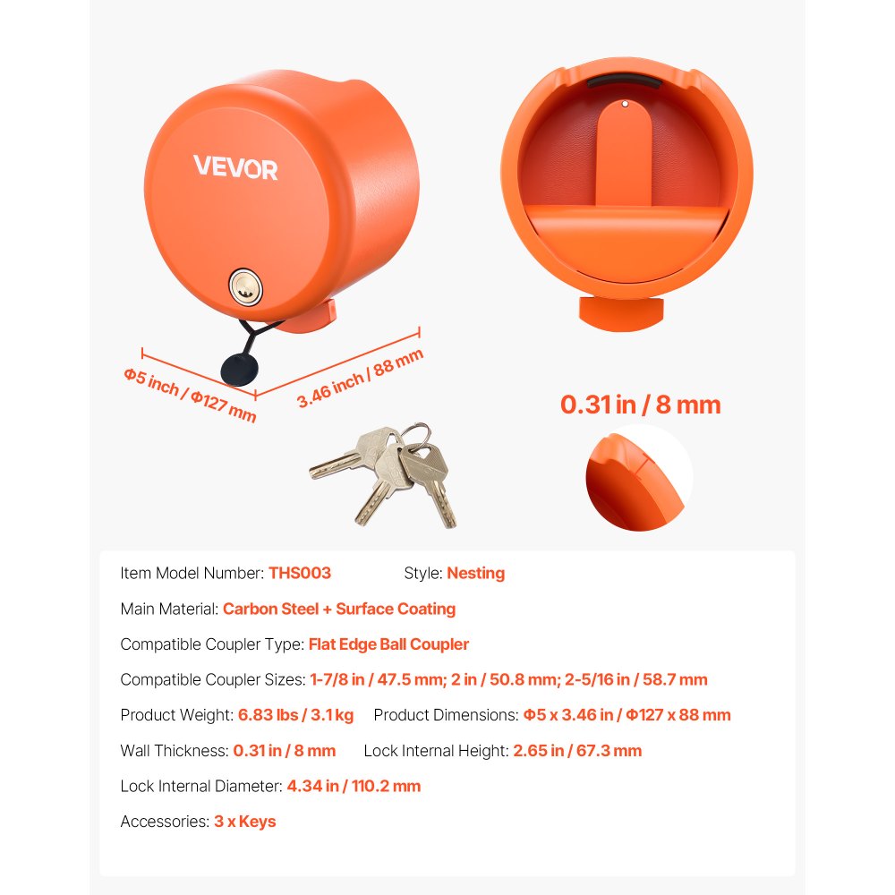 VEVOR Trailer Lock, Fits 1-7/8, 2 & 2-5/16-Inch Straight Tongue Ball Couplers, Heavy Duty Hitch Lock with 4 Keys Secures Security Chains, Anti-Theft RV Trailer Locks for RV, Trailer, Boat