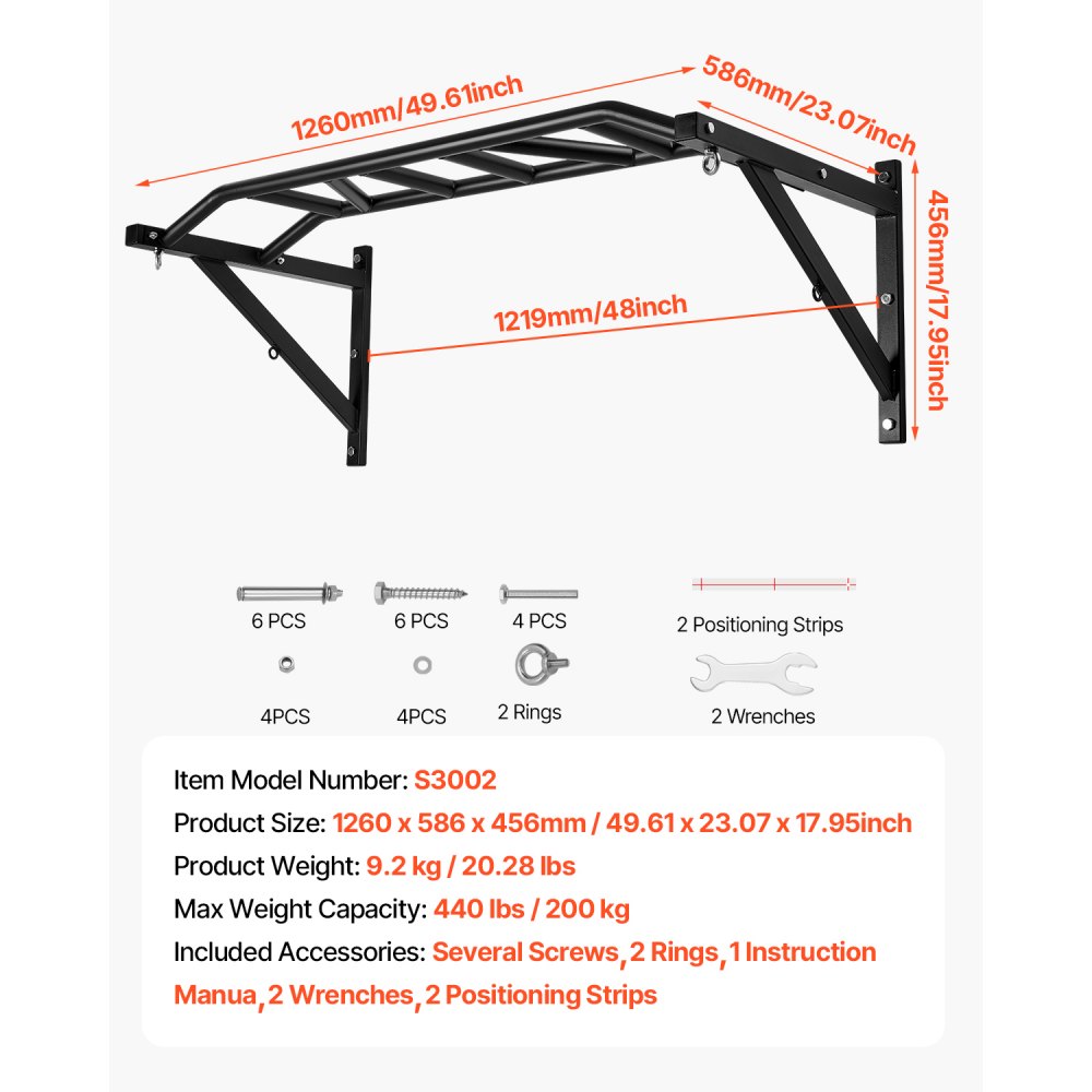 VEVOR Pull Up Bar, Multi-Grip Wall Mounted Pull Ups, 50 in Width Multifunctional Chin Up Training Station, Heavy Duty Steel Upper Body Workout Bars with Hangers, 440 lbs Weight Capacity, for Home Gym