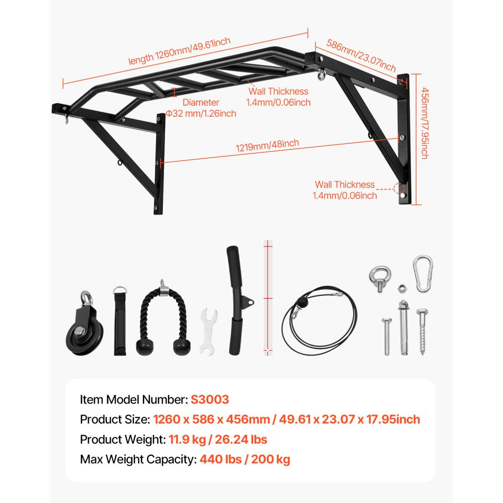 VEVOR Pull Up Bar, Multi-Grip Wall Mounted Pull Ups, 50 in Width Multifunctional Chin Up Training Station, Heavy Duty Steel Upper Body Workout Bars with LAT Pulldown Attachments, 440 lbs, for Home Gym