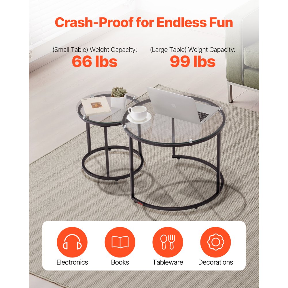 VEVOR Nesting Coffee Table Set of 2, 23.6 in Round Coffee Table, Glass Nesting Tables for Small Place, Modern End Side Tables Night Stand with Metal Frame, for Living Room, Bedroom, Balcony, Office