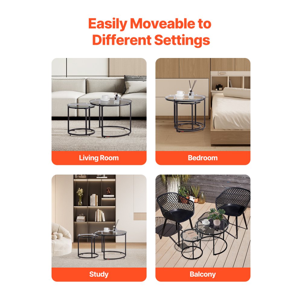 VEVOR Nesting Coffee Table Set of 2, 23.6 in Round Coffee Table, Glass Nesting Tables for Small Place, Modern End Side Tables Night Stand with Metal Frame, for Living Room, Bedroom, Balcony, Office