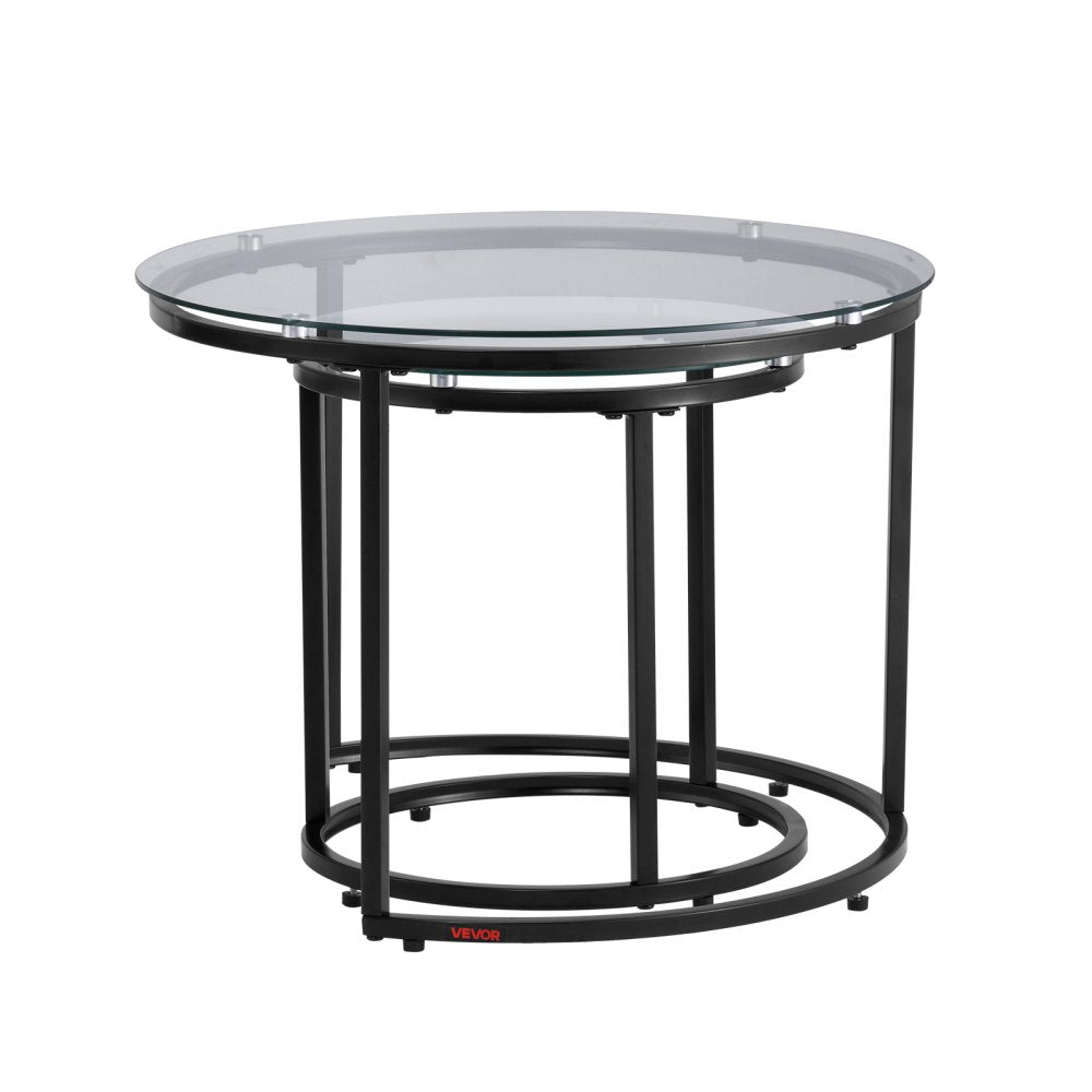 VEVOR Nesting Coffee Table Set of 2, 23.6 in Round Coffee Table, Glass Nesting Tables for Small Place, Modern End Side Tables Night Stand with Metal Frame, for Living Room, Bedroom, Balcony, Office