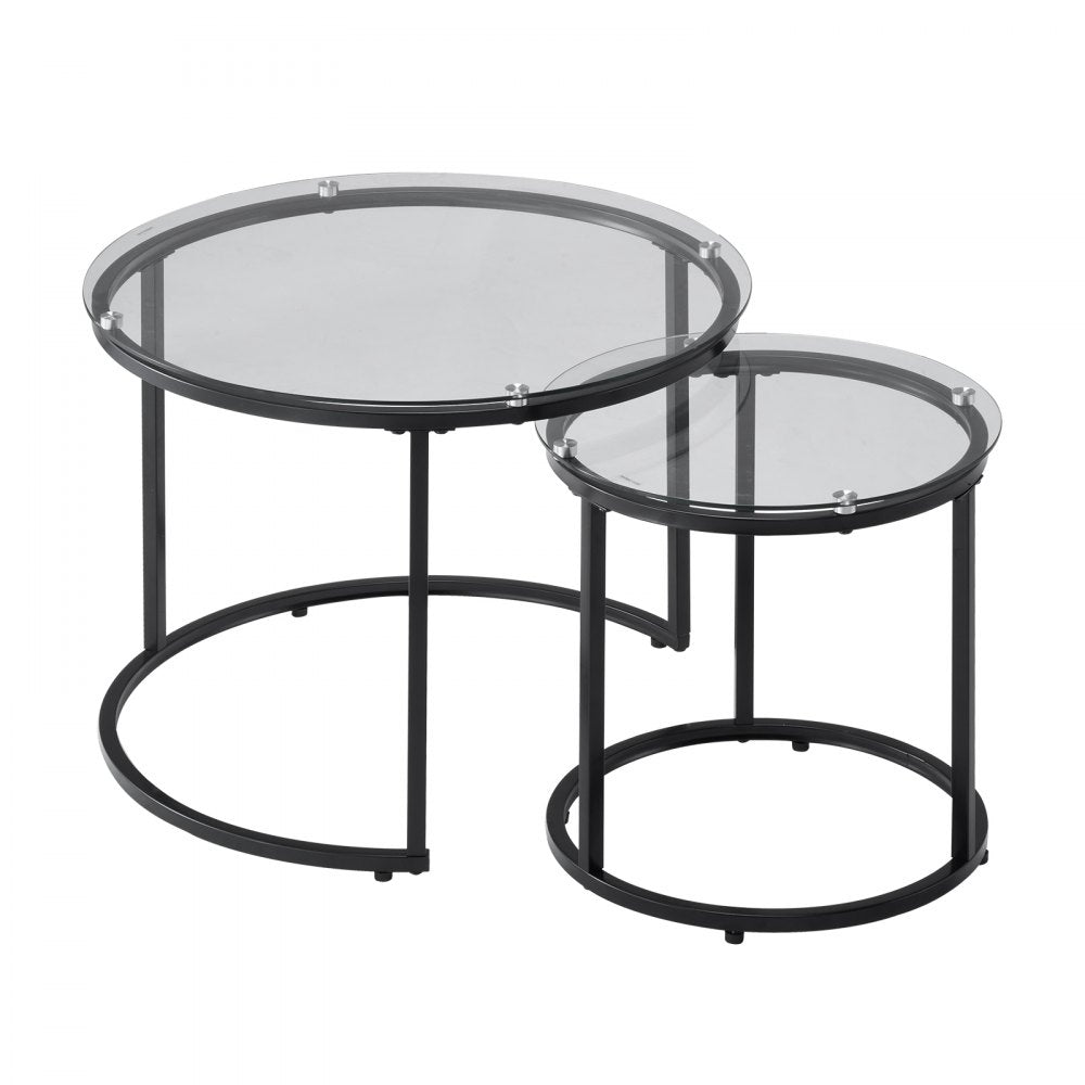VEVOR Nesting Coffee Table Set of 2, 23.6 in Round Coffee Table, Glass Nesting Tables for Small Place, Modern End Side Tables Night Stand with Metal Frame, for Living Room, Bedroom, Balcony, Office